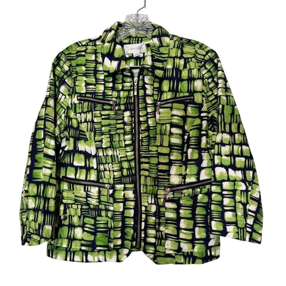 Erin London Womens Petite Small Green Abstract Geometric Full Zip Utility Jacket